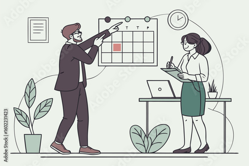 Business professionals discuss important dates while planning tasks in a modern office setting with a calendar display and a laptop