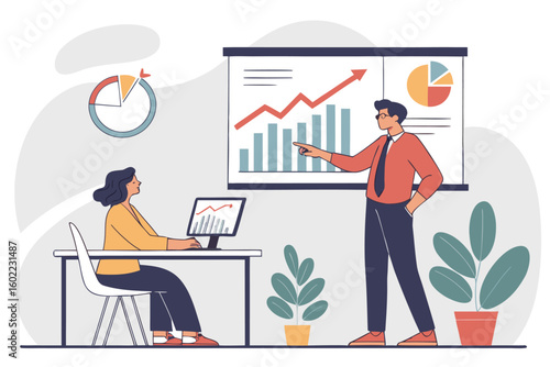 Business professionals engage in a presentation discussing data trends in a modern office setting during a workday