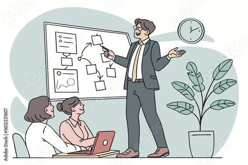 Business meeting in a modern office with a presenter explaining a diagram to attentive colleagues in a creative workspace