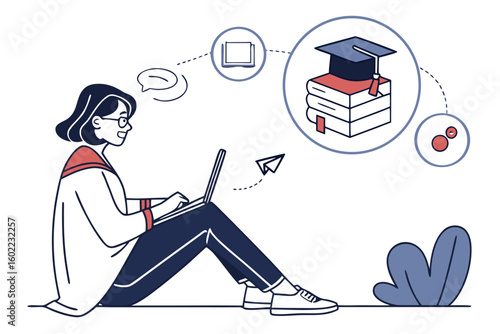Student engaging in online learning while sitting on the ground, surrounded by educational icons, emphasizing modern education and digital technology