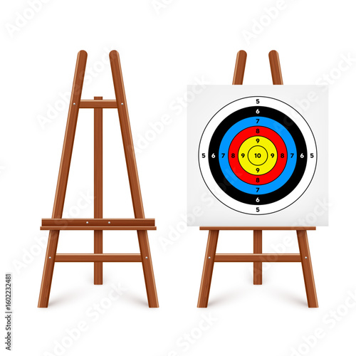 Shooting range target on a wooden easel stand. Paper target with divisions, marks and numbers. Archery, gun shooting and training, sport competition, hunting. Bullseye and aim. Vector illustration
