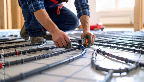 Professional plumber installing modern underfloor heating system. Close-up of hands adjusting pipes on a heated floor construction.. Generated image