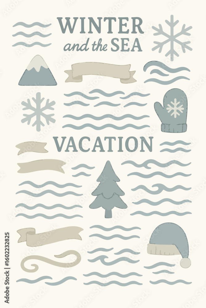 Fototapeta premium Textured illustrations and frames set for winter and the sea Decorations, ornaments, ribbons, winter vacation, watercolor style, waves
