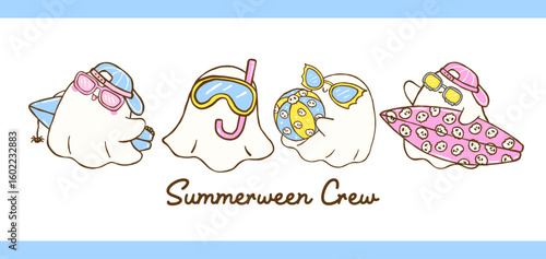 Cute Summerween ghost sheet doodle hand drawn set