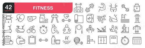 Set of line icons related to fitness, exercise, gym. Outline icons collection. Editable stroke. Vector illustration