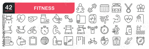 Set of line icons related to fitness, exercise, gym. Outline icons collection. Editable stroke. Vector illustration