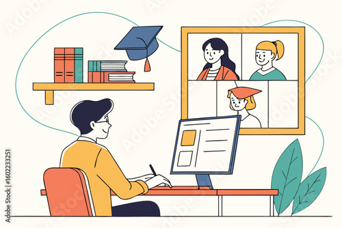 Student participating in virtual class with classmates displayed on screen while preparing for graduation at home