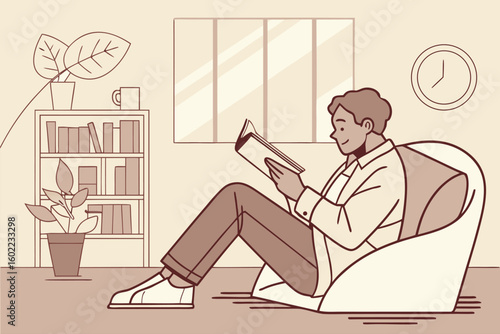 Man reading a book comfortably in a cozy indoor space with natural light and a plant nearby while surrounded by bookshelves and a clock on the wall