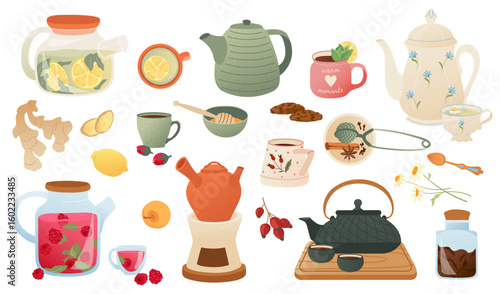 Cozy autumn tea time accessories Teapots, cups, herbal drinks, infusers, spices and berries with textured details. Hygge mood for seasonal card, banner, poster, print or warm decor project. Vector set
