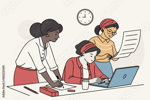 Three students engaged in collaborative study session in classroom setting with clock indicating time in the background