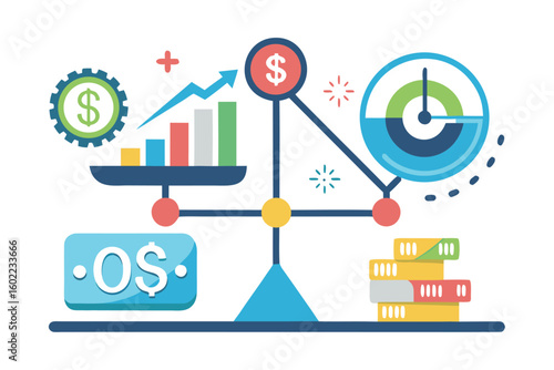 Visual representation of financial growth and balance showcasing investment trends, revenue growth, and market analysis with symbols of currency and performance indicators