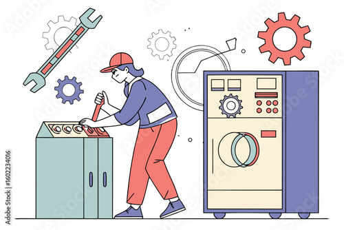 Technician working on machinery with tools in a workshop setting, demonstrating hands-on skills and mechanical expertise during daylight hours
