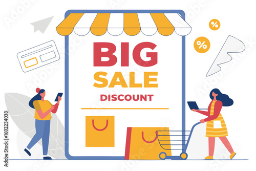 Colorful digital advertisement promoting a big sale with discounts featuring shoppers holding devices and a shopping cart