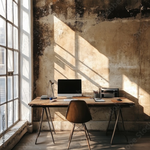 Sunlit workspace in a rustic industrial setting with a wooden desk, chair, and computer