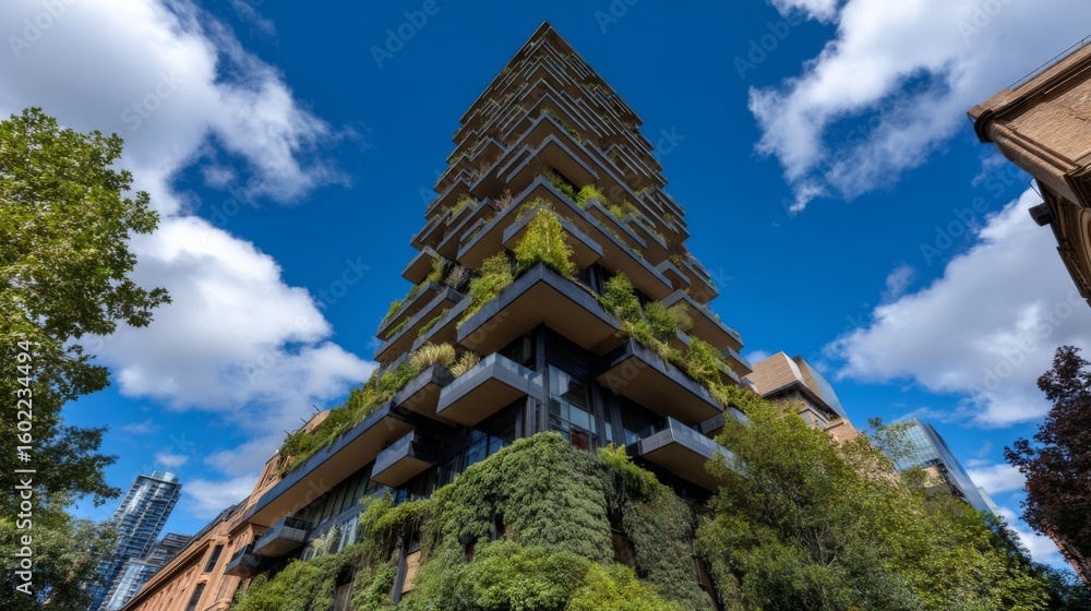 Naklejka premium Urban green architecture towering over city landscape melbourne building photography sunny weather low angle eco-friendly design