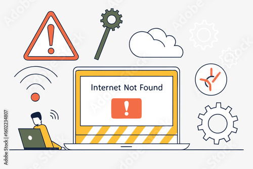 Troubleshooting internet connection issues on a laptop with warning symbols and gears in a tech-themed illustration