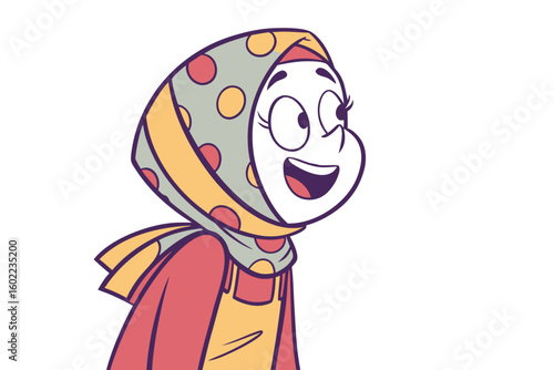 Cheerful animated character wearing a colorful scarf and apron, smiling, suggesting a joyful moment of creativity or celebration