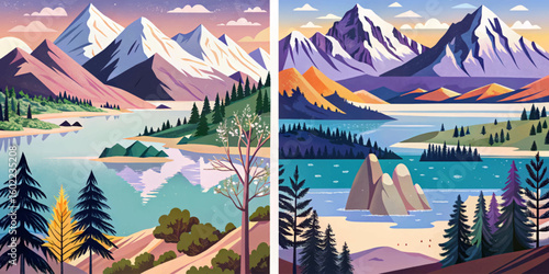 illustration set of Snow covered Andes mountains and lake and pine trees