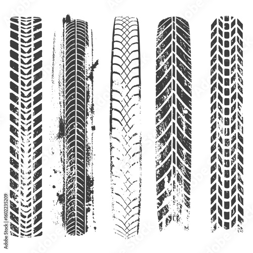 Tire, track, vector, print, texture — grunge PNG tire patterns. PNG Overlay on transparent background with various offroad and road skid prints, perfect for automotive or transportation design project