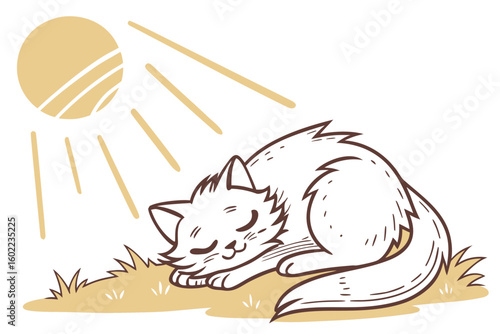 Cat sleeps peacefully in sunlight on grassy patch during a warm afternoon in a serene outdoor setting