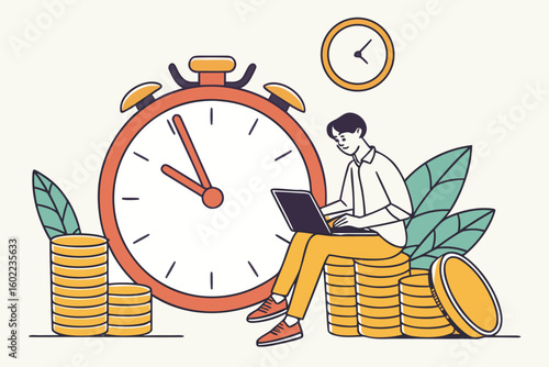 Person working on a laptop surrounded by coins, a stopwatch, and a clock, illustrating financial planning and time management in a casual setting