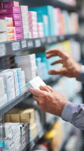 Healthcare Selection: An individual reaches for a specific medication on a store shelf amidst a carefully arranged display of pharmaceuticals, emphasizing choices