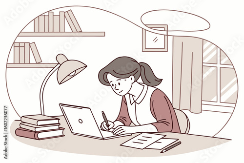 Person working diligently at a desk with a lamp and books in a cozy room, focusing on a laptop and taking notes during a quiet evening study session