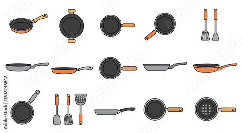 Assorted Frying Pans and Spatulas Collection
