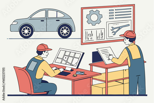 Mechanics working on car maintenance tasks in an auto repair shop with computer diagnostics and organizational planning