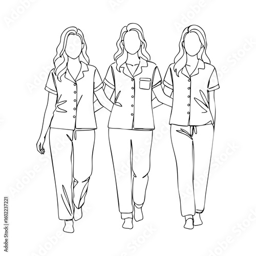 Vector line art of three women walking arm in arm in matching pajamas, bachelorette party theme illustration