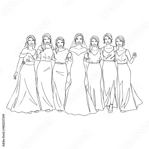 Vector line art of bride with bridesmaids in long dresses, wedding celebration illustration for bachelorette party