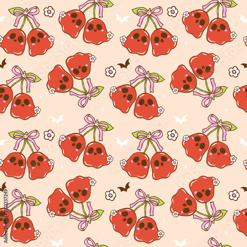 Cute Summerween seamless pattern with cute coquette ghost cherries, girly spooky halloween design for fabric, sublimation, wallpaper