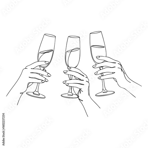 Vector line art of three hands holding champagne glasses for a toast, celebration illustration for bachelorette party
