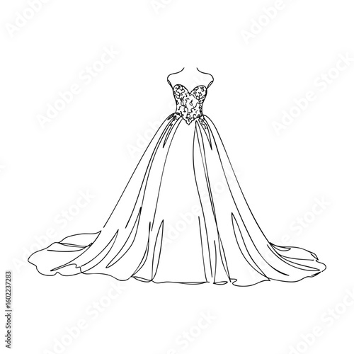 Vector line art of a wedding dress with lace bodice and long train, ideal for Bachelorette Party invitations and bridal fashion illustrations