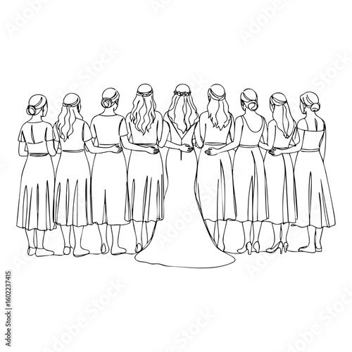 Vector line art of bridesmaids group with bride, back view illustration for wedding and Bachelorette Party designs