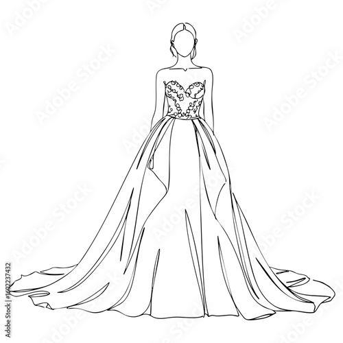 Elegant wedding dress vector line art, perfect for bachelorette party invitations and bridal shower decorations