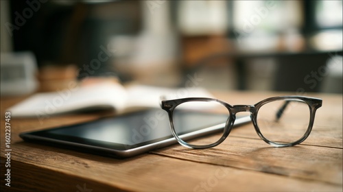 Desk with Folded Glasses and Digital Tablet
