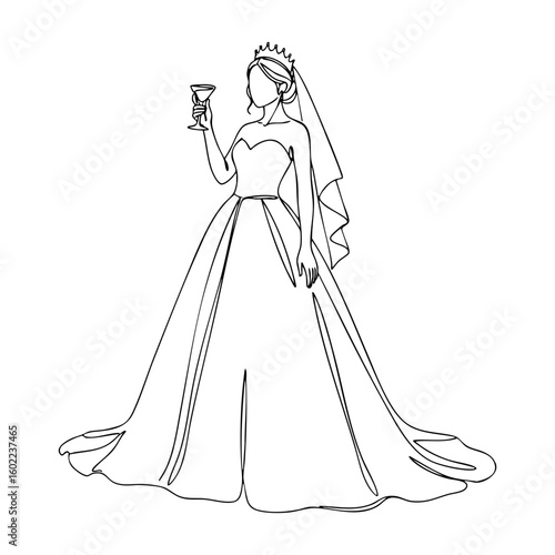 Bride with crown and glass vector line art, elegant bachelorette party illustration and bridal celebration design