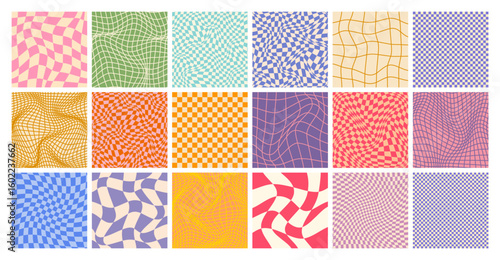 Groovy checkered pattern, colorful distorted tiled grid. Vintage wavy curved backdrop, distortion effect. Funky geometric chessboard texture, retro background in 90s style, y2k. Vector illustration