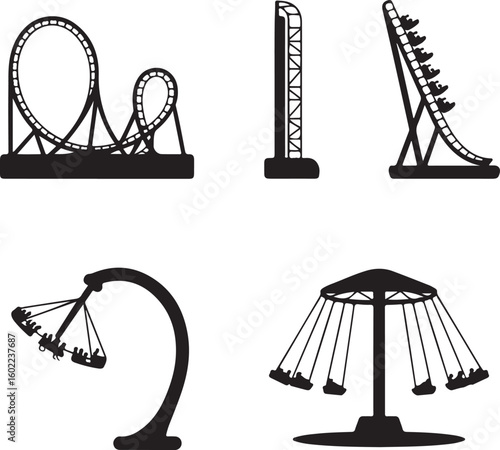 Extreme Amusement Park Ride Icons Bold Filled Set of Coasters, Drop Rides, Loop Tracks, and Scream Machines