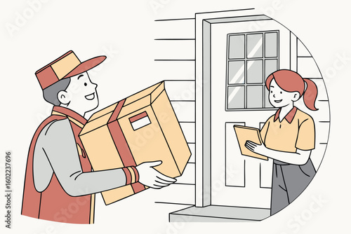Delivery person hands package to smiling recipient at their front door during a sunny day in a residential neighborhood