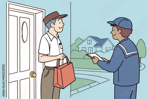 Delivery worker presenting a package to a customer at the front door of a suburban home during daylight