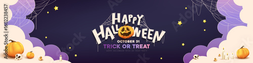 Halloween banner background with pumpkins, spider webs and bold typography trick or treat message in purple theme