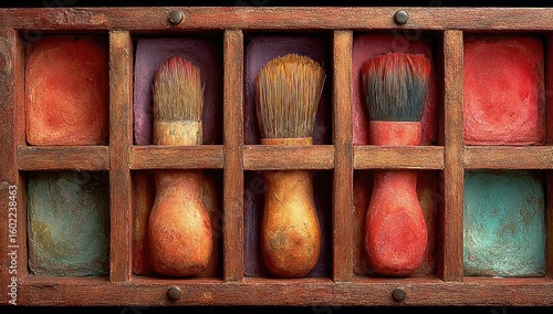 Wooden paintbox with brushes and pigments