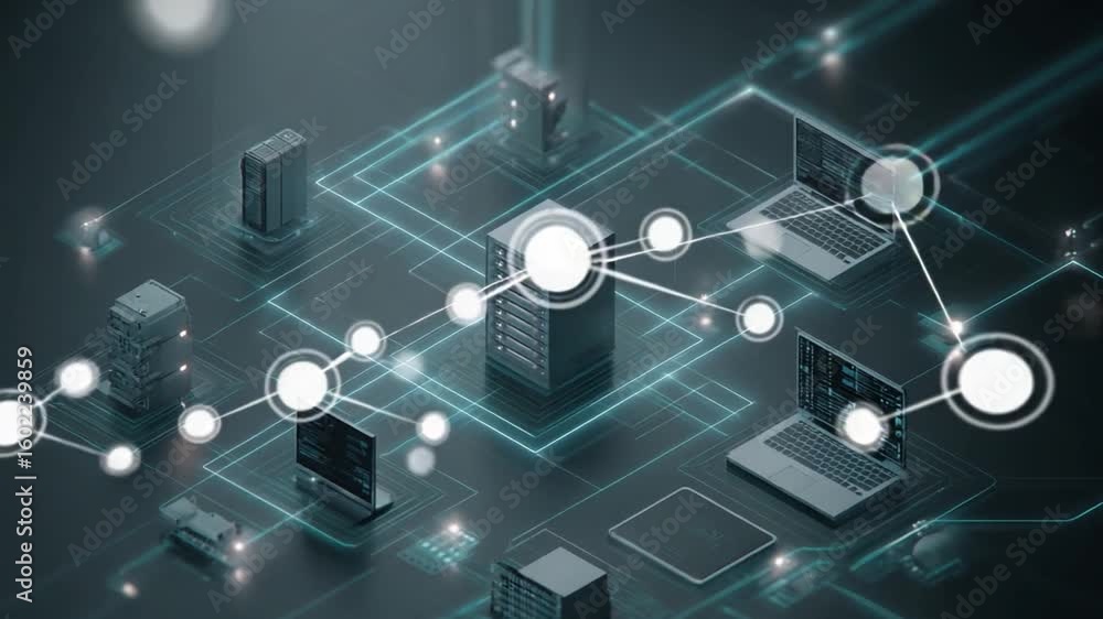 Digital Network: An abstract depiction of interconnectedness. Servers, computers, and a network of lines create a stunning visualization of a complex digital ecosystem.