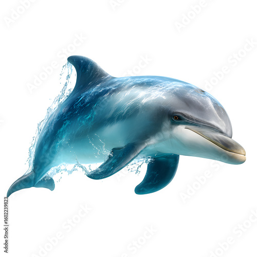 Dolphin swimming with curved dorsal fin and streamlined body and  natural underwater style and  isolated white background Batch  realistic clean bright simple modern stock image isolated on plain back