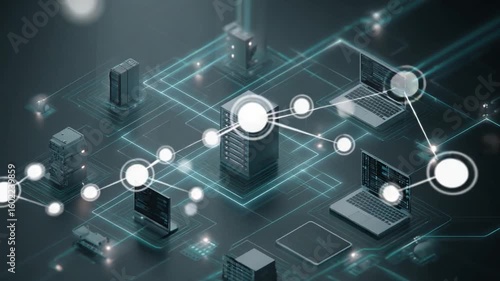 Digital Network: An abstract depiction of interconnectedness. Servers, computers, and a network of lines create a stunning visualization of a complex digital ecosystem.