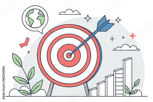 Graphic illustration of a dartboard with an arrow hitting the bullseye, symbolizing success and achievement in a business context