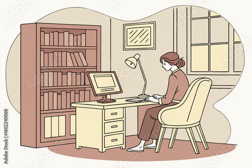 Cozy workspace in a quiet room with a woman working on a computer while seated at a desk, surrounded by a bookshelf and soft lighting, creating a productive atmosphere for concentration