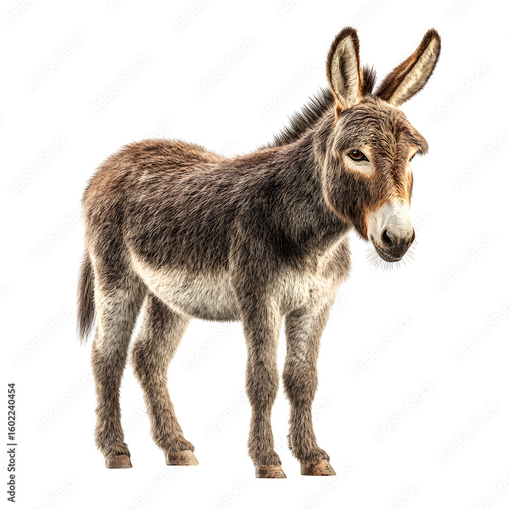 Fototapeta premium Donkey in neutral pose with textured fur and natural proportions and realistic lighting and isolated white background Batch realistic clean bright simple modern stock image isolated on plain backg